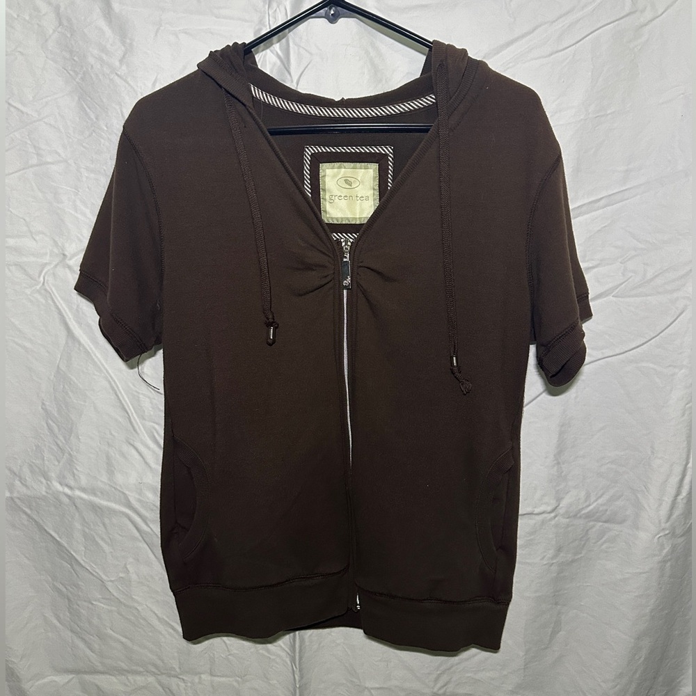 Short Sleeve Hooded Zip-up Women’s Top Brown